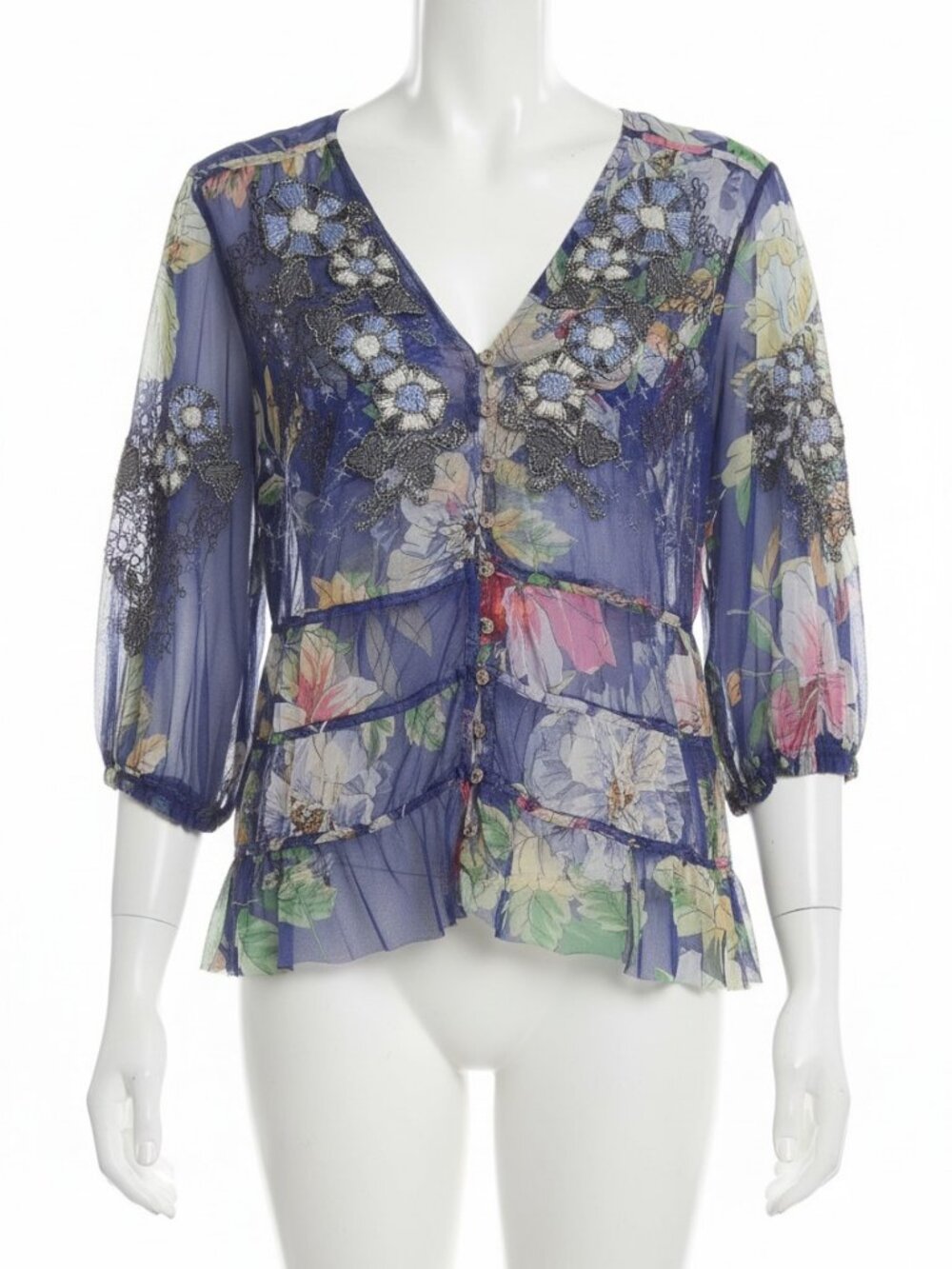 Johnny Was Women's Blue Mazzy Ruched Floral Blouse Size XS